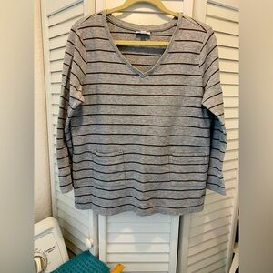 J.jill Women’s Petite Cotton “V-neck Striped Top” Size LP GrayStripe Pockets EUC